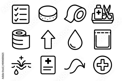 Therapeutic Care Icons. Therapeutic Care Actions linear set: prep checklist, applicator pad, medical tape, clean tool kit, support band, procedure arrow, care droplet, sterile