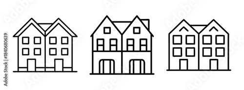 A set of three different house line drawings in a row with various architectural details