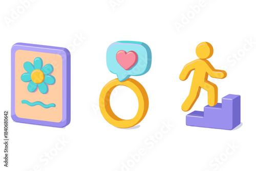 Stylish Coping Icons. Personal Coping Aids flat isometric set: calm-focus card, soothing reminder ring, support-step icon.