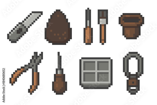 Pixel Crafting Tools. Compact Crafting Utilities pixel style set: mini blade, detail sander pad, small brush set, screw cup, thin plier, pocket awl, parts divider, tool loop.