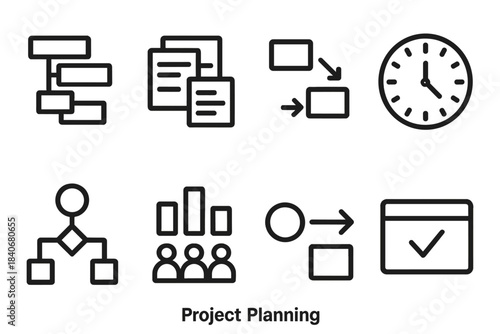 Project Planning Icons. Project Planning linear set: gantt blocks, task cards, dependency arrows, schedule clock, workflow diagram, resource chart, kickoff point, deliverable box.