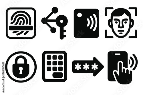 Future Access Icons. Next-Gen Access Technologies silhouette set: biometric scanner tile, smart key node, RFID access bar, facial recognition icon, secure entry ring, digital pass