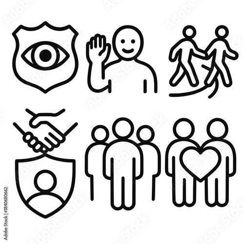 Neighborhood Harmony Icons. Neighborhood Safekeepers linear set: lookout symbol, friendly wave, shared path, trust shield, group silhouettes, harmony heart.