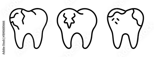Three black line drawn tooth cracks and breaks on
