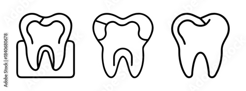 A set of three tooth icons in different styles and views line drawing