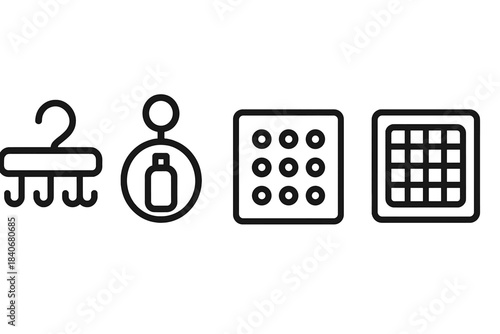 Shower Organizer Icons. Shower Organization Items linear set: hanging hook rack, bottle holder ring, drain cover plate.