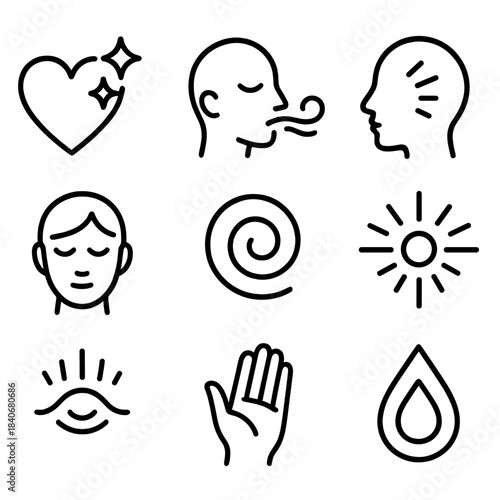 Emotional Insight Icons. Emotional Insight Set linear set: heart spark, calm breath line, gentle swirl, intuition glow, mindful pause, soft beam, sensing hand, clarity droplet.
