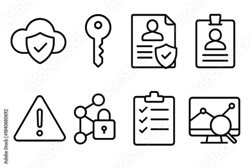 Cloud Security Icons. Cloud Security Readiness Set linear set: cloud shield, encryption key, access policy sheet, identity badge, threat alert icon, secure nodes, compliance