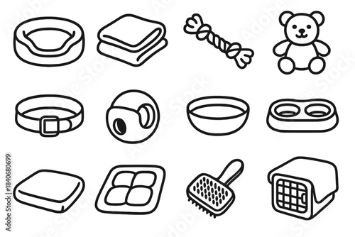 Animal Comfort Icons. Animal Comfort Set linear set: nest bed, warm blanket, tug toy, plush friend, calming band, snack holder, hydration bowl, feeding tray, rest cushion, soft pad