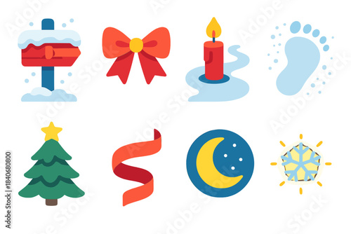 Vibrant Festive Icons. Christmas Expedition flat set: frosted trail marker, festive bow, candlelit path, snowy footprint, evergreen crest, ribbon curl, winter moon, glowing flake.