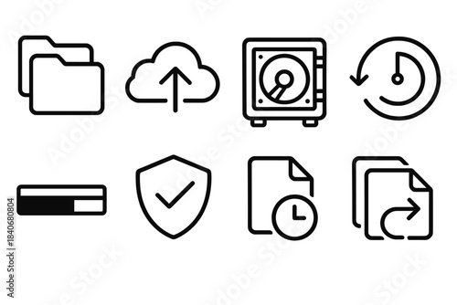 Backup Management Icons. Backup Management linear set: folder duplicate, cloud arrow, safe disk, timeline version, storage bar, secure seal, copy node, restore path.