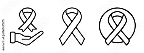 A set of three line art awareness ribbon icons in different styles and poses on