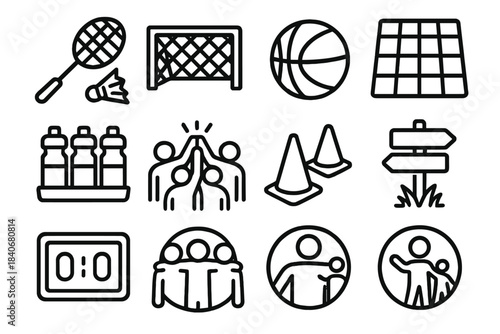 Weekend Sports Icons. Friendly Weekend Sports linear set: badminton racket, shuttlecock, mini soccer goal, basketball, picnic mat, team water station, group high-five, marker cones
