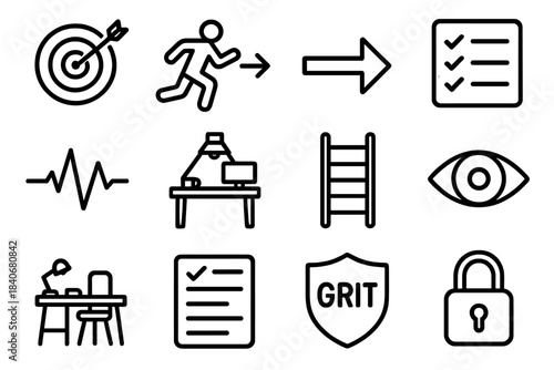 Determined Icon Set. Focused Drive linear set: goal target, determined stride, clear path arrow, priority list, steady heartbeat line, spotlight focus, progress ladder, unwavering