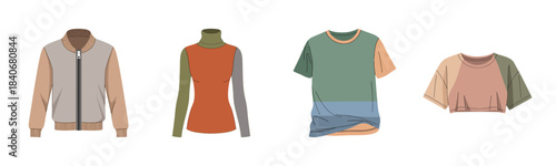 Collection of modern casual clothing: jacket, long sleeve, t-shirt, crop top