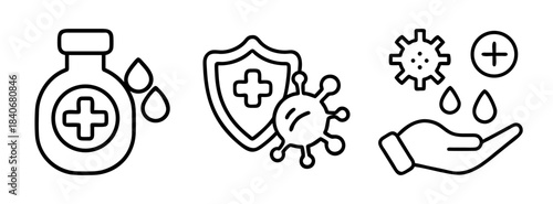 Black line icons of hand hygiene and medical protection against germs and viruses