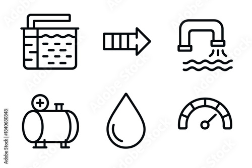 Desalination Process Icons. Advanced Desalination Processes linear set: membrane filter unit, reverse-osmosis arrow, brine discharge pipe, pressure vessel icon, purified water