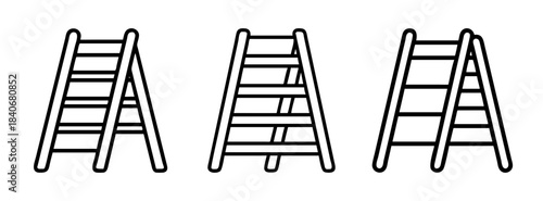 Three black line art illustrations of aframe ladders in different positions