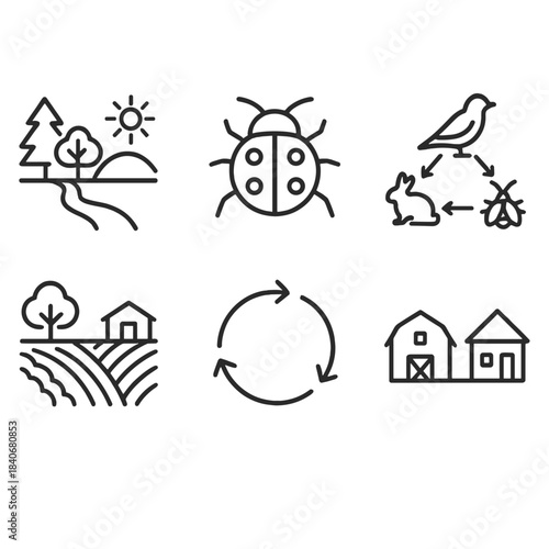 Agroecology Icons Map. Agroecology Framework linear set: ecosystem map, beneficial insect icon, balanced food web, resilient field pattern, resource cycle arrows, farm-community