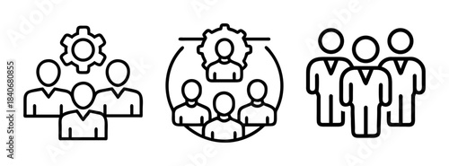 A set of three black line art icons depicting teamwork and collaboration