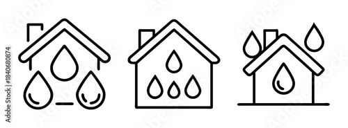 Three black line icons of houses with raindrops on the roof and side