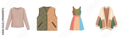 Trendy fall fashion collection: sweater, vest, dress, cardigan in earth tones