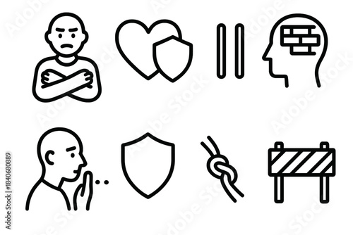 Emotional Defense Icons. Emotional Resistance Elements linear set: crossed arms, guarded heart, pause symbol, thought barrier, hesitation line, inner shield, tight knot, boundary