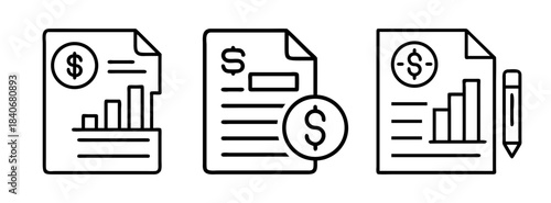 Set of three line icons depicting financial documents with graphs and dollar signs