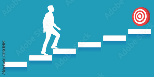 Business Goal Journey Concept, Silhouette Man Walking Up Stairs to Red Target