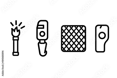 Signal Accessories Icons. Signal Accessories linear set: beacon flare, whistle clip, reflective signal card.