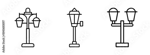 Vector illustration of three different street lamp designs in black lines