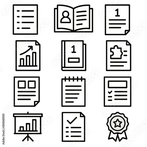 Educational Icon Collection. Course Instruction Elements linear set: lesson outline, teaching guide, chapter page, visual chart, module booklet, activity sheet, worksheet icon,