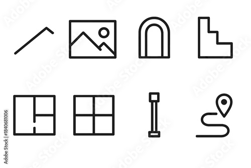 Architectural Outline Icons. Dwelling Design Features linear set: roof pitch line, picture window, entry arch, wall profile, layout diagram, terrace tile, structural post, path