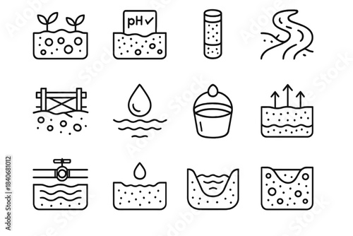 Eco System Icons. Eco Soil-Water System linear set: nutrient-rich soil, soil pH test, soil core sample, erosion barrier, fresh water droplet, canal flow, irrigation valve, water
