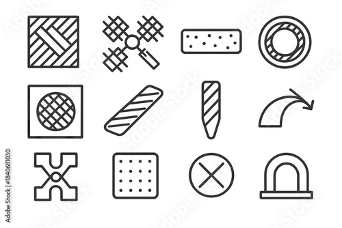 Hybrid Composite Icons. Hybrid Structural Composites linear set: fiber-reinforced tile, carbon weave node, resin matrix bar, laminated layer ring, load-bearing patch, stress-stripe