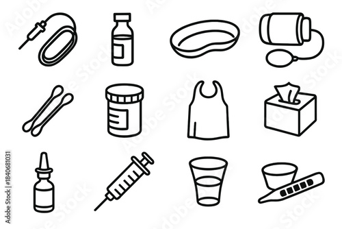 Medical Supplies Icons. Healthcare Supply Set linear set: infusion set, reagent vial, sterile tray, blood pressure cuff, cotton-tipped applicators, specimen jar, disposable apron,
