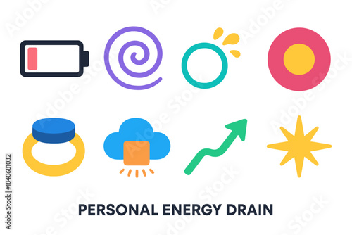 Energy Drain Icons. Personal Energy Drain flat set: depleted battery icon, mental fatigue swirl, attention leak bar, emotional drain node, heavy-load ring, overwhelm cloud tile,