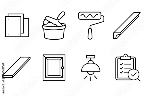 Construction Process Icons. Finish & Detail Stages linear set: drywall sheets, joint compound, paint roller, trim molding, flooring plank, cabinet front, light fixture, final