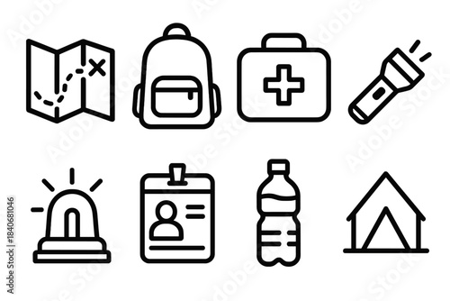 Essential Evacuation Icons. Emergency evacuation set linear set: route map, grab-and-go bag, first aid kit, portable light, warning beacon, ID packet, water bottle, shelter marker.