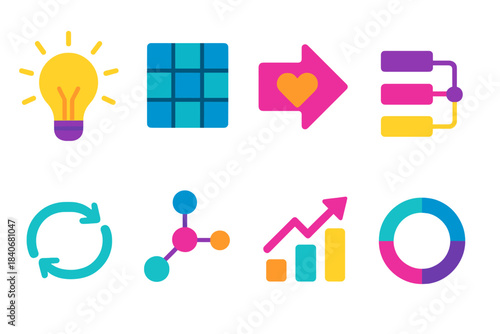 Intuitive vs Rational Icons. Intuitive vs Rational Set flat set: intuitive glow symbol, logical grid band, feeling-forward arrow, reasoning sequence tile, dual-mode thinking loop,