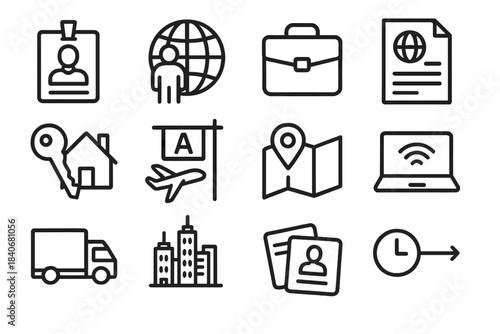 Global Mobility Icons. Cross-Border Work & Travel linear set: work permit badge, mobile workforce globe, assignment briefcase, immigration form, housing key, airport gate, regional