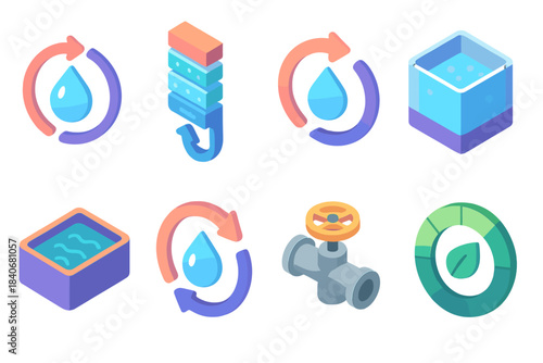 Water Cycle Icons. Water Loop Management Set flat isometric set: closed-cycle droplet, multi-stage filter strip, reclaimed-water path arrow, treatment chamber tile, capture