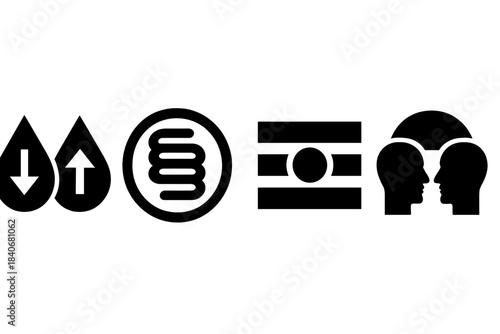 Dual-State Psychology Icons. Dual-State Psychology silhouette set: opposing-thought drop, tension-arc coil, harmony-seek bar.