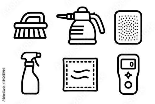 Compact Cleaning Icons. Compact Cleaning Essentials linear set: mini brush set, handheld steam cleaner, small mop pad, spray vial, dust cloth, cleanliness meter.