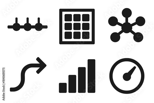 Bold Infrastructure Icons. Information Infrastructure Map silhouette set: backbone line diagram, data hub tile, distributed node cluster, signal path arrow, bandwidth bar,