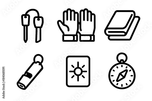 Scout Gear Icons. Wilderness Scout Items linear set: fire starter, durable gloves, compact tarp, whistle, signal mirror, route gauge.