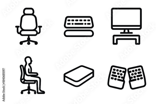 Ergonomic Workspace Icons. Digital Workspace Ergonomics linear set: adjustable chair, wrist support pad, monitor stand, posture silhouette, footrest block, ergonomic keyboard.