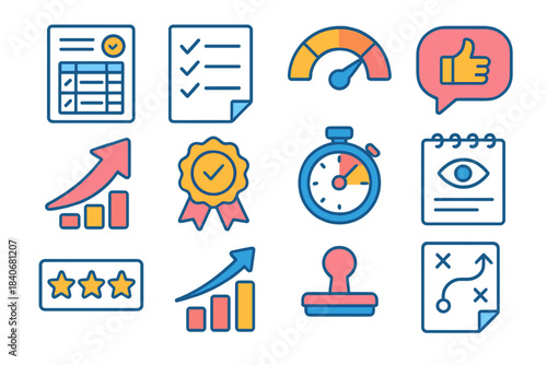 Modern Evaluation Icons. Drill Evaluation & Feedback isometric flat set: score sheet, checklist page, performance meter, feedback bubble, improvement arrow, evaluation badge, drill