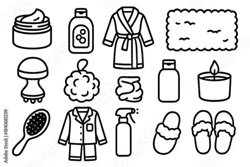 Personal Care Essentials. Personal Care Comfort linear set: moisturizing cream jar, bath foam bottle, warm bathrobe, fluffy bath mat, handheld massager, soft loofah sponge, gentle