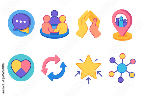 Isometric Social Icons. Social Connection Flow isometric flat set: dialogue circle, group activity icon, mutual aid hands, gathering spot marker, inclusive heart, collaboration